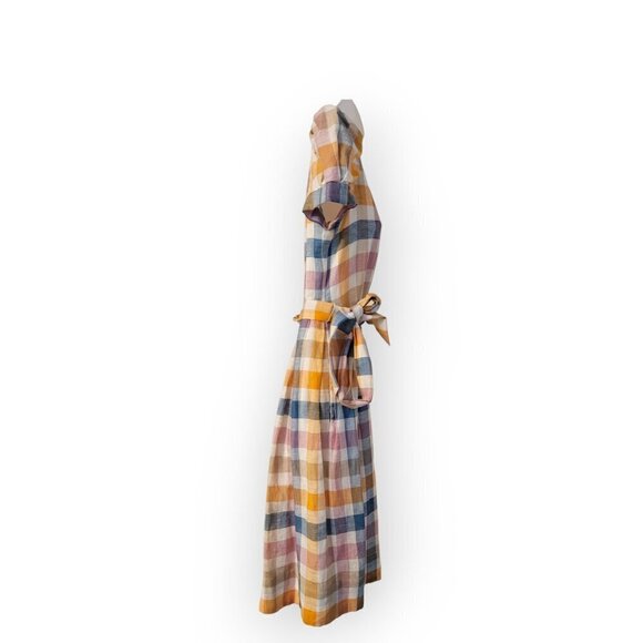 Gal Meets Glam Linen Puff Sleeve Plaid Midi Dress Pockets Tie Waist Size S - Picture 6 of 15
